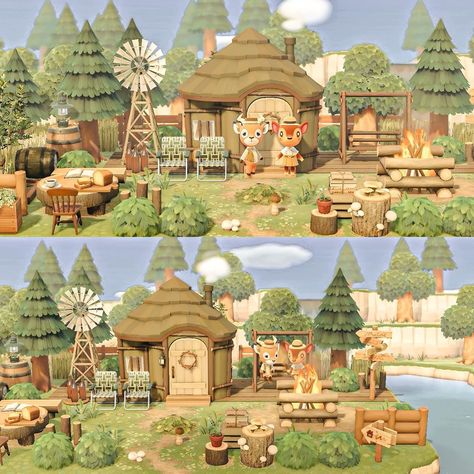 Acnh Island Inspirations Villager Houses, Acnh Cabin House Exterior, Cabin House Exterior, Acnh House Exterior Ideas, Acnh Villagers Homes Layout, Animal Crossing Farm, Acnh Hhp, Happy Home Designer, Cabin Exterior