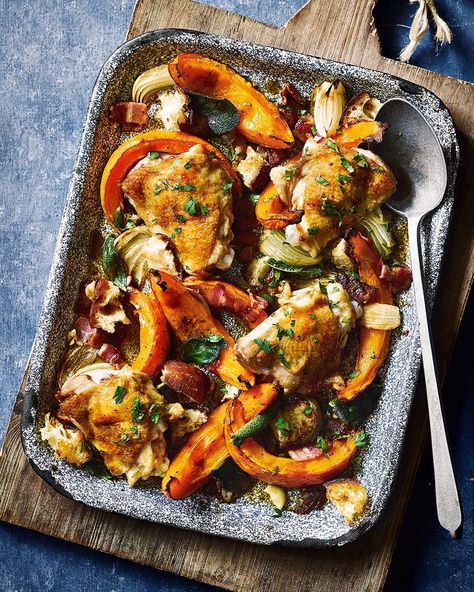 Soft and caramelised chunks of pumpkin are roasted with onions, chicken thighs, bacon and gravy in this easy traybake recipe. Traybake Chicken, Garlic Gravy, Traybake Recipes, Chicken Traybake, Whole Roast Chicken, Panini Recipes Chicken, Chicken Tray Bake, Chicken Roast, Tray Bake Recipes