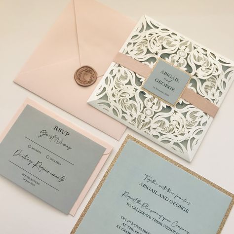 Laser Cut Wedding Invitation pockets have never looked so beautiful and elegant as these petal fold form ones do in a vintage lace design. The Ivory shimmer pockets and blush shimmer envelopes will enhance the bespoke printed invites.Format: Petal foldShape: SquareDesign and Style: Vintage lace laser cutColour: Shimmer Ivory pocket and blush shimmer envelopeChoosing ‘Say It With Print’ will mean your laser cut invitation pockets and envelopes will arrive in style in a beautiful white presentatio Sage Green And Blush Invitation, Sage Green Blush Pink Wedding Invites, Sage Green And Blush Wedding Invitations, Sage And Blush Wedding Invitations, Pink Sage Wedding, Sage Green And Rose Gold, Rose Gold Lace, Rose Gold Ribbon, Cyprus Wedding