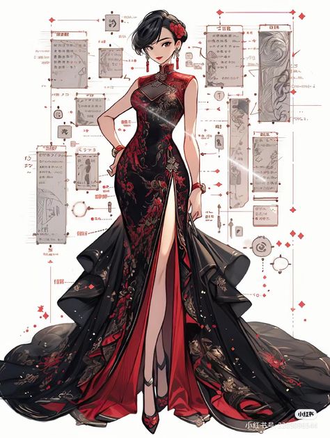 Chinese Fancy Dress, Dark Red Dresses, Chinese Style Dress, Clothing Design Sketches, Fantasy Dresses, Fashion Drawing Dresses, Anime Inspired Outfits, Elegant Dresses Classy, Dress Design Sketches