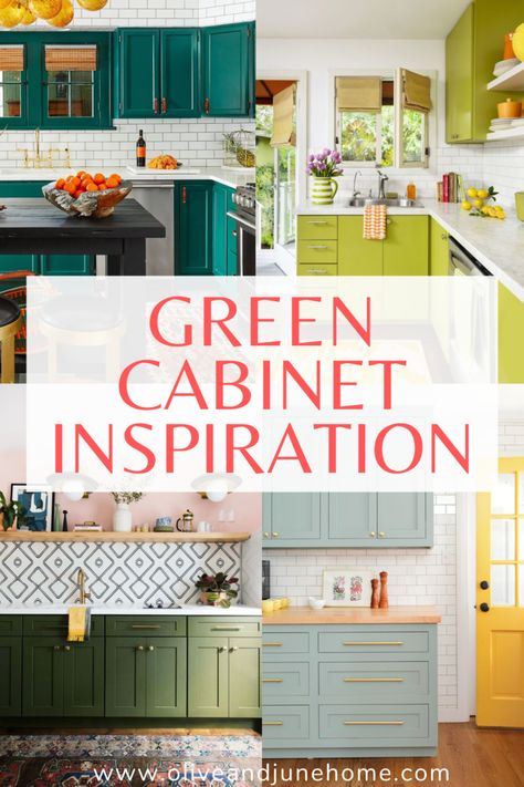 Green Kitchen Cabinet Inspiration Green Kitchen Cabinets Eclectic, Mint Kitchen Ideas, Fun Cabinet Colors, Fun Kitchen Cabinet Colors, Green Bottom Kitchen Cabinets, Yellow And Green Kitchen, Green Kitchen Cupboards, Modern Kitchen Shelves, Green Kitchen Cabinet