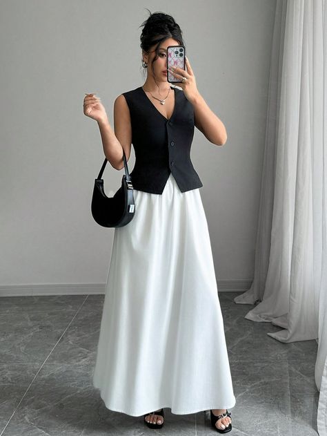 2pcs/Set Summer French Style Office Black Vest And White Skirt Black and White Casual    Colorblock,Plain  Non-Stretch  Women Clothing, size features are:Bust: ,Length: ,Sleeve Length: Black Skirt And Vest Outfit, Outfits With Long Black Skirts Summer, What To Wear With A Long White Skirt, Long Black Skirt Summer Outfit, Outfit With Black Vest, Skirt And Vest Outfits, Black Top White Skirt, Vest Skirt Outfit, Grey Maxi Skirt Outfit