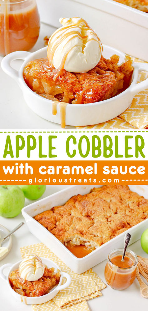 Out of simple Fall food ideas? This Apple Cobbler with homemade caramel sauce is the perfect way to dive into fall baking! Pin this easy Fall recipe! Caramel Apple Cobbler Recipe, Easy Thanksgiving Dessert Recipes, Apple Cobbler Recipe, Cobbler Topping, Apple Recipes Easy, Thanksgiving Desserts Easy, Apple Cobbler, Homemade Caramel Sauce, Apple Dessert Recipes