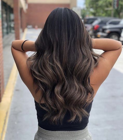 Dark Foils Hair Brown, Black Hair With Ashy Balayage, Dark Hair With Ashy Lowlights, Dark Brown Hair With Highlights Brown, Chocolate Ash Brown Hair Balayage, Ashy And Mocha Highlights On Dark Hair, Black Brown Balayage Curly Hair, Shadow Balayage Dark Brown, Ashy Bayalage Brunette