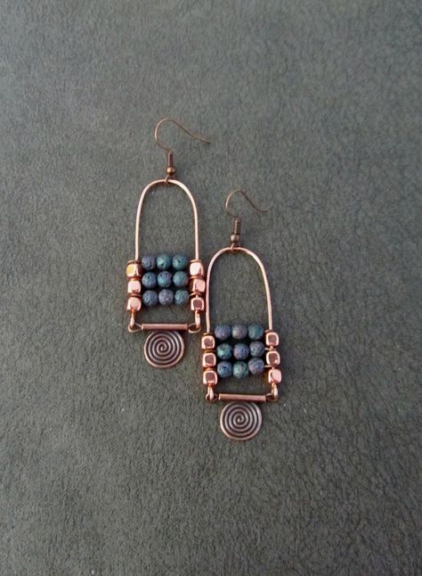 Multicolor lava rock beads with French hooks. Artisan Handmade Earrings In Copper Wire, Artisan Handmade Earrings With Copper Wire, Diy Wire Jewelry For Beginners, Handmade Vintage Copper Beaded Earrings, Vintage Wire Wrapped Copper Earrings, Bohemian Wire Wrapped Copper Earrings, Copper Jewellery, Wire Wrap Jewelry Designs, Diy Jewelry Projects