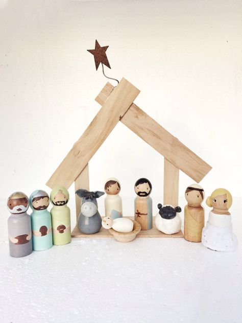 Peg Nativity, Wooden Nativity Set, Miniature Nativity, Wooden Nativity Sets, Wooden Nativity, Wooden Peg Dolls, Wood Peg Dolls, Peg People, Navidad Christmas