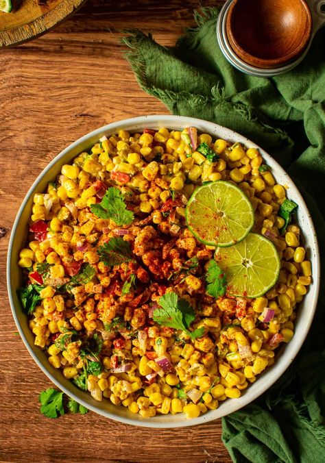 This vegan Mexican street corn salad recipe is healthy, easy to make, and a perfect summer side dish for potlucks and picnics! Smoky, creamy, and just 30 minutes required. Vegan Mexican Street Corn, Vegan Munchies, Street Corn Salad Recipe, Mexican Street Corn Salad Recipe, Pescatarian Meals, Nutritarian Diet, Street Corn Salad, Vegetable Salads, Corn Salad Recipe