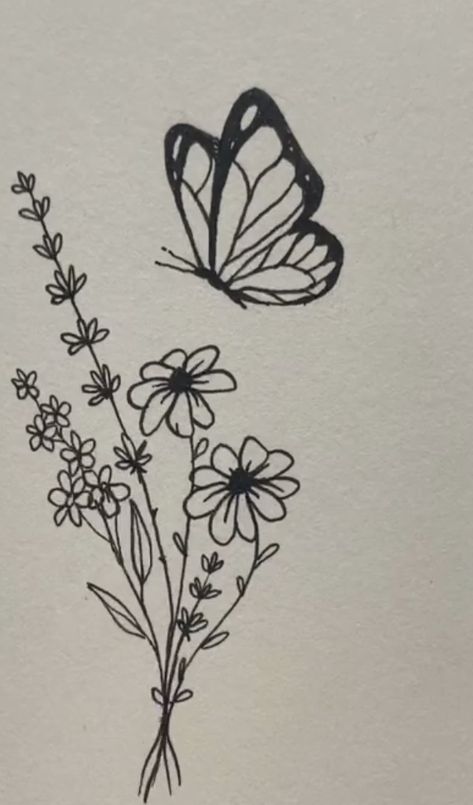 Sketsa Flora Simple, Small Flower Drawings, Flora And Fauna Drawing, Simple Paint, Butterfly On Flower, Butterfly Sketch, Aesthetic Drawings, Armband Tattoos, Flower Art Drawing