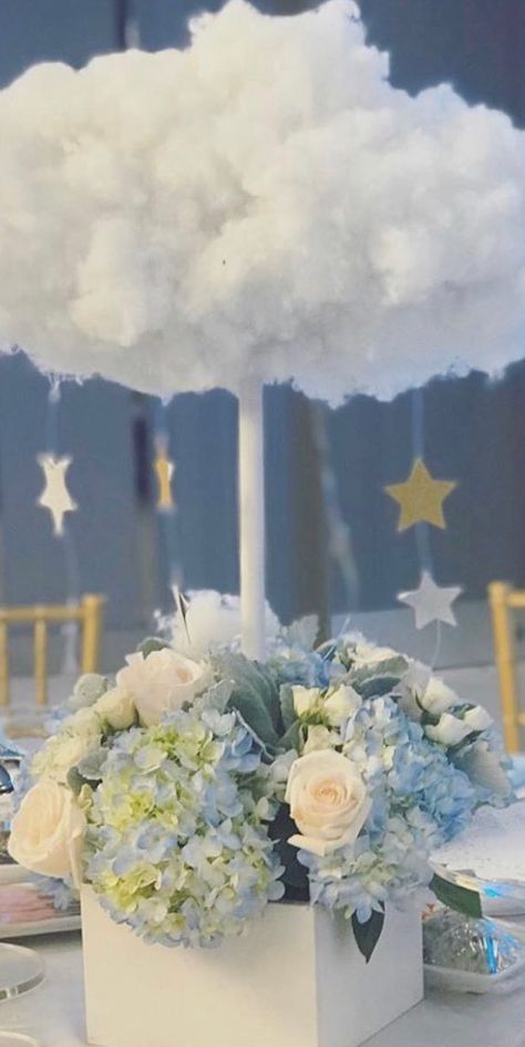 Heaven Sent Centerpiece Ideas, Cloud Centerpieces Shower Ideas, Heaven Sent Centerpieces, Over The Moon Baby Shower Table Decor, Diy Cloud Centerpieces, Heaven Sent Baby Shower Centerpieces, Heavenly Sent Baby Shower Theme, Clouds Centerpiece Ideas, Cloud Theme Baby Shower Centerpieces