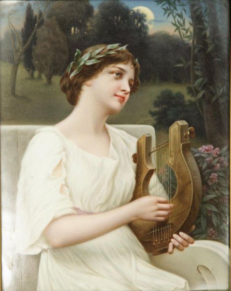 Large Berlin KPM Plaque of a Maiden. 19th C. - 2 Woman Playing Harp, Green Knight, Romantic Scenes, Realistic Paintings, Elegant Art, Painted Porcelain, Antique Porcelain, Pose Reference Photo, Ancient Rome