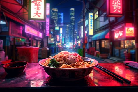 Asian Market Aesthetic, Korean Cyberpunk, Cyberpunk Food, Night Street Food, Night Market Food, Tokyo Street Food, Japan Street Food, Asian Food Photography, Neon Food