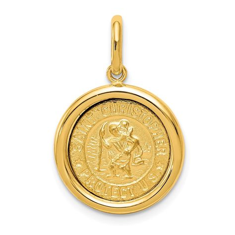 Celebrate and honor all special occasions with jewelry of religious significance! Our collection of spiritually inspired designs that show faith, hope and devotion are perfect for commemorating life's milestones. This St. Christopher (patron saint of travelers and motorists) charm or pendant crafted in 14k yellow gold features a solid, recessed, polished and satin design that is suitable for engraving. The approximate diameter is 15mm(9/16 inch). This item does not include a chain. St Christopher Medal, St Christopher, Saint Christopher, Bow Jewelry, Gold Polish, Black Bow, Fine Jewellery Necklace, Selling Jewelry, Gold Charm