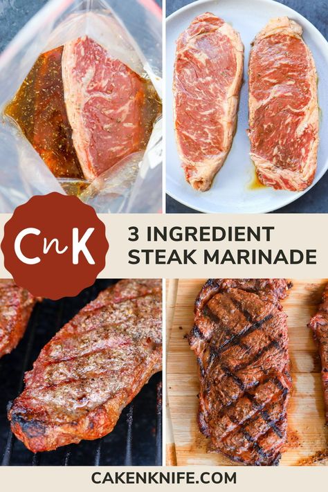 Level up your steak game with this simple but flavor-packed steak marinade. It only requires 3 ingredients, yet it will take your steak to another level. Plus, you can even customize it by adding your preferred extras to the base marinade. Stake Marinades, Filet Marinade, Bbq Steak Marinade, Simple Steak Marinade, Beef Marinade Recipe, Tenderizing Steak Marinade, Strip Steak Marinade, Ribeye Steak Marinade, Quick Steak Marinade