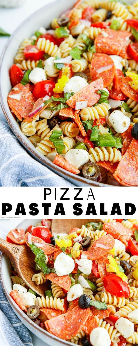 Pasta Salad Recipes With Olive Garden Dressing, Pasta Pepperoni, Potluck Favorites, Pizza Pasta Salad, Rice Salads, Delicious Pasta Salad, Brunch Aesthetic, Mozzarella Tomato, Colorful Salad