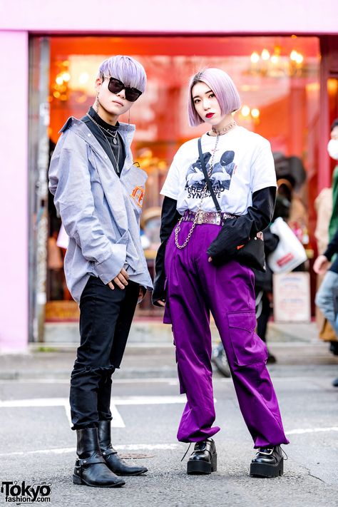 Ryosuke and Mahiro in Harajuku wearing a mix of Japanese and Korean streetwear with items by Another Youth, More Than Dope, 13Month, ESC Studio, Bubbles Harajuku, Kangol, and Never Mind the XU. Japan Street Fashion, Estilo Harajuku, Japan Fashion Street, Goth Outfit, 일본 패션, Harajuku Fashion Street, Tokyo Street Style, Korean Streetwear, Never Mind