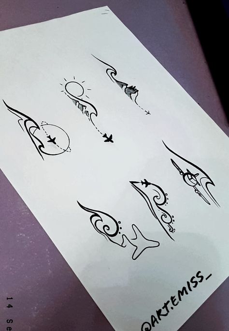 Flying Tattoo Ideas Plane, Wave And Airplane Tattoo, Matching Holiday Tattoos, Minimal Travel Tattoo, Matching Travel Tattoos, 5x5 Tattoo, Beach And Mountain Tattoo, 5x5 Tattoo Ideas, Mountain And Sea Tattoo