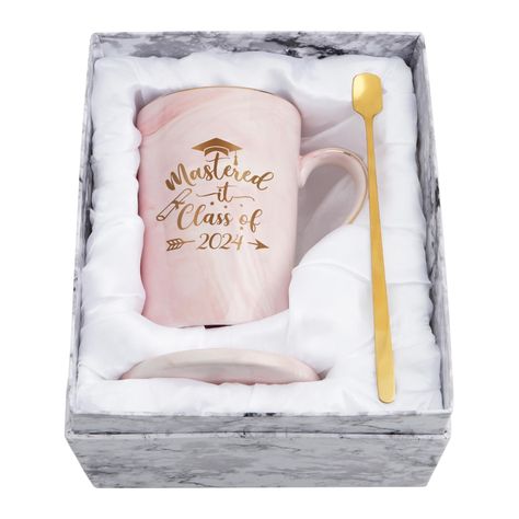 PRICES MAY VARY. MASTERS DEGREE GRADUATION GIFTS: This beautiful well made Mastered It Class of 2024 coffee mug is a perfect graduation gift for her, women, female friend, daughter who has just received their masters degrees. This adorable mug is designed to celebrate their achievement and stepping into the next chapter of their life. GORGEOUS GIFT BOX: The graduation gifts come in a beautiful gift box which is gift ready. Attached is a nice gold spoon for mixing drinks and a matched marble coas Collage Graduation Gifts, Welcome Back Gifts, Marble Mugs, Pink Coffee Mugs, Gold Spoon, Grandma Mug, Leaving Gifts, Congratulations Gift, Get Well Soon Gifts