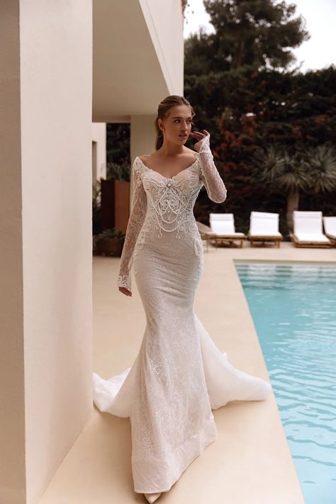 Amarilla by Perfioni – Marelli Exclusive Bridal Overskirt, Celtic Wedding Dress, Wedding Dress Modern, Wedding Dresses Long Sleeve, Enchanting Wedding, Celtic Wedding, Elegant Bride, Lace Mermaid, Dress Gloves