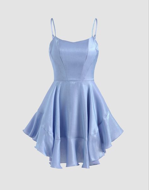 Light Blue Sleeveless Satin Mini Dress, Mini Ruffle Dress, School Dance Dresses, Cute Homecoming Dresses, Baby Blue Dresses, Prom Ideas, Prom Dress Inspiration, Aesthetic Things, Grad Dresses