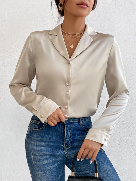 Lapel Shirt Women, Satin Shirt Design For Women, Satin Shirts For Women Classy, Satin Long Sleeve Top Outfit, Satin Shirt Outfit Jeans, Silk Shirts For Women Classy, Satin Shirts For Women Outfit, Satin Tops Blouses Classy, Shomiz Blouses