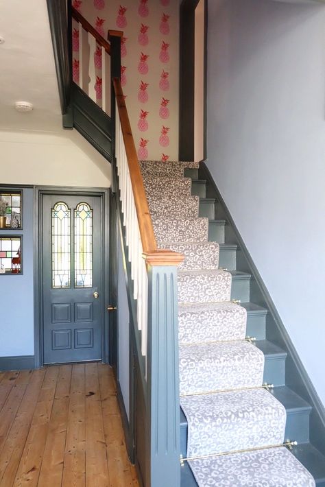 Stairs Painted, Light Stairs, Stained Glass Doors, Grey Painted Furniture, Blue Hallway, Gray Stairs, Gray Carpet, Painted Staircases, Countryside Village