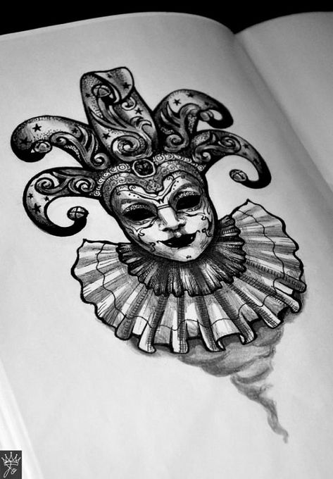 Venetian jester tattoo Venetian Mask Tattoo, Jester Tattoo, Clown Tattoo, Tattoo Zeichnungen, Mask Tattoo, Gothic Tattoo, Dark Art Tattoo, Tattoo Art Drawings, Dark Tattoo