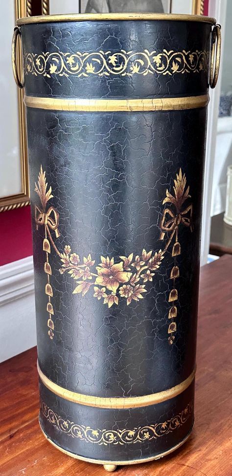 Lovely Vintage Hand Painted Umbrella Stand Black with Gold Accents, Ring Handle and Button Feet, Tall Waste Bin by FairfieldCountyFinds on Etsy Painted Umbrella, Waste Bin, Umbrella Stands, Ring Handle, Entryway Furniture, Organization Boxes, Umbrella Stand, Gold Buttons, Gold Accents