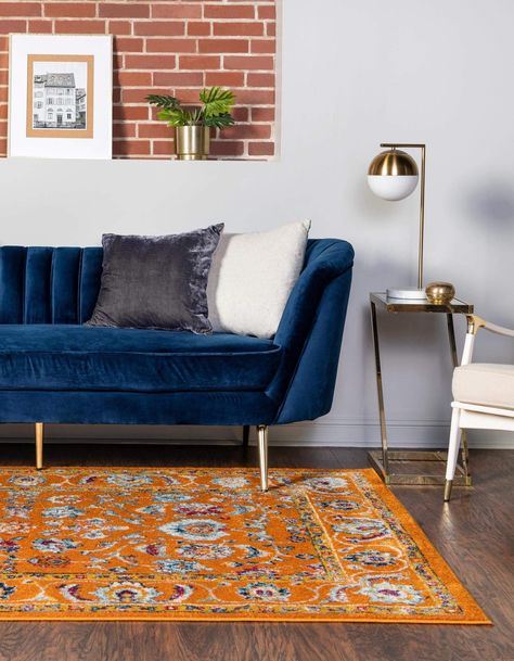 Blue Yellow Rug Living Room, Rugs For A Blue Couch, Blue Couch And Rug Ideas, Living Room Designs Navy Couch, Living Room Designs Blue Couch, Blue Velvet Couch Living Room Ideas, Blue Couch Living Room Ideas, Large Dining Rooms, Dallas Apartment