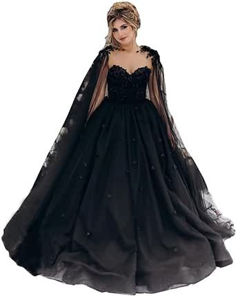 $139 on Amazon!! Black Lace Wedding Dress, Black Wedding Dress Gothic, Gown With Cape, Long Gown For Wedding, Black Lace Wedding, Dresses For Bride, Floral Wedding Gown, Long Sleeve Bridal Gown, Dreamy Wedding Dress