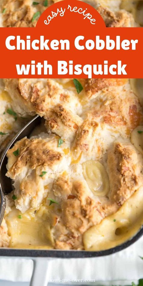 This easy Chicken Cobbler made with Bisquick is pure comfort food! With a succulent chicken and vegetable layer coated in a creamy sauce and then topped with a buttery biscuit topping. Great for Sunday supper or an easy weeknight meal! Chicken In A Biskit Recipes, Bisquick Chicken Cobbler, Chicken Casserole With Bisquick, Bisquick And Chicken Recipes, Chicken Cobbler Bisquick, Chicken Cobbler Casserole With Bisquick, Baked Chicken And Biscuits, Chicken Pot Pie With Bisquick Topping, Easy Chicken Cobbler Recipe