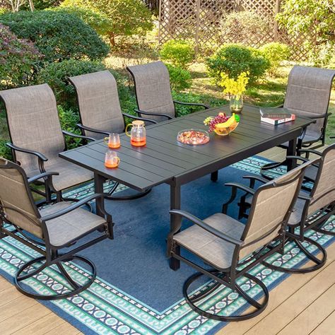 9 Piece Outdoor Table Chairs Set with 8 High Back Swivel Dining Chairs and Extendable Metal Patio Table, Outdoor Furniture Dining Set for Lawn Garden Patio Dining Furniture, Outdoor Patio Dining, Swivel Dining Chairs, Extendable Table, Relaxing Time, Metal Dining Table, Swivel Chairs, Patio Dining Table, Patio Dining Chairs