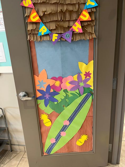 Teacher Appreciation Door Decorations Hawaiian, Hawaiian Theme Bulletin Boards, Luau Door Decorations, Tropical Door Design, Hawaii Door Decorations Classroom, Hawaiian Theme Classroom Door, Tropical Door Decorations, Tropical Classroom Door Decor, Luau Door Decorations Classroom