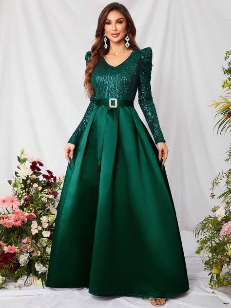 Green Dress With Gold Belt, Gowns Dresses Elegant Indian, Wedding Dresses For Kids, Prom Dresses Elegant, Wedding Dress Sequin, 파티 드레스, Sequin Wedding, Womens Prom Dresses, Long Sleeve Sequin