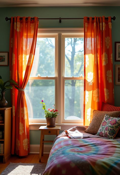 Boho Bedroom Curtains ideas Boho Window Treatments, Tie Dye Curtains, Colorful Boho Bedroom, Dye Curtains, Curtain Inspiration, Window Treatments Ideas, Bedroom Curtain Ideas, Bay Window Curtains, Bedroom Curtain