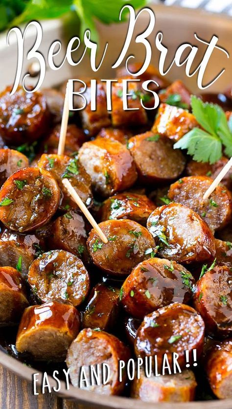 Easy Sausage Appetizers, Beer Brat Pasta, Brat Bites Crock Pot, Bratwurst Bites Recipes, Appetizer Recipes For Dinner Party, Beer Brat Appetizer, Appetizers For Party Easy Crock Pot, Sausage Apps, Beer And Brats Party