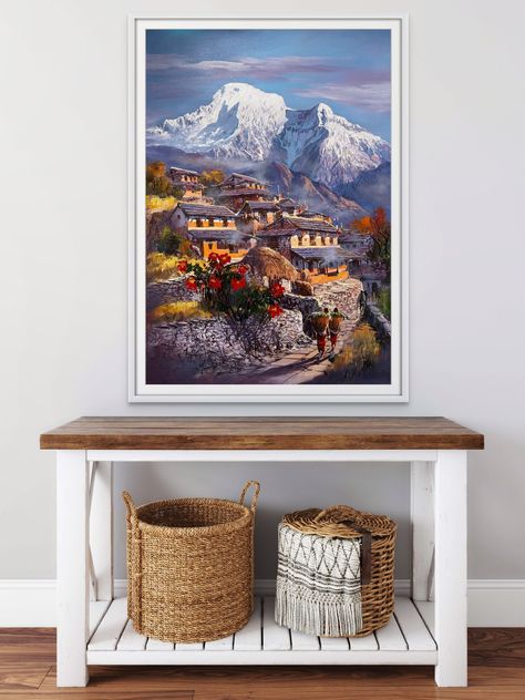 Mountain Village, Nepal, Original Paintings, Canvas Painting, Wall Hanging, The Originals, Canvas, Wall