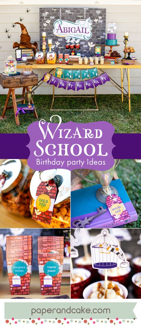 Shop our Wizard School Party theme! The original place for Printable party designs. Invitations and party decorations for every occasion. Witches And Wizards Party Theme, Wizard Activities, School Birthday Party, Polyjuice Potion, Wizard Party, Wizard School, Fish House, School Birthday, School Party