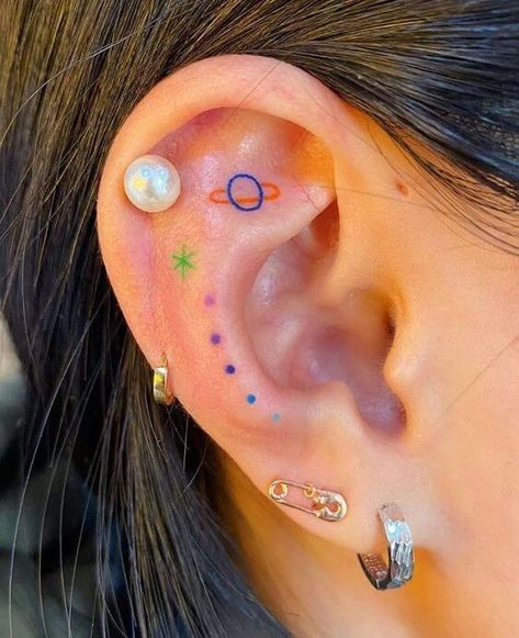 25 Sensuous Inner Ear Tattoos That Are Low-key Gorgeous Inner Ear Tattoo, Small Colorful Tattoos, Tan Tattoo, Ear Tattoos, Small Tattoo Ideas, Stylist Tattoos, Cool Small Tattoos, Dainty Tattoos, Dream Tattoos