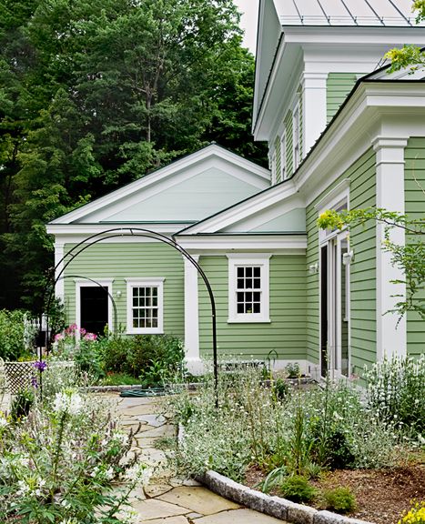 Green Exterior House Colors, Green House Exterior, Amanda Marie, Exterior House Color, Casa Vintage, House Color Schemes, Accent Trim, Exterior Paint Colors For House, Architecture Model Making