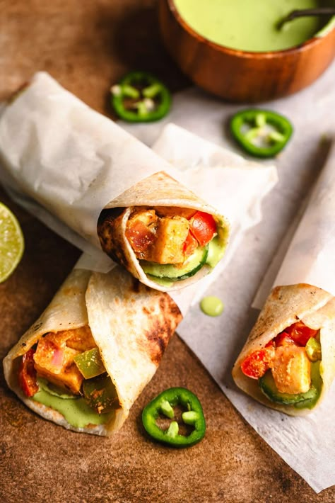 Paneer Kathi Rolls with Cilantro Jalapeño Sauce The Chutney Life, Paneer Kathi Roll, Kathi Roll, Jalapeno Sauce, Indian Appetizers, Cilantro Sauce, Tandoori Masala, Paratha Recipes, Indian Sweet