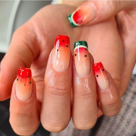 may nails Fruit-Themed Nails: Designs featuring fruits like pineapples, avocados, or a mix of tropical fruits can add a fun and refreshing touch to your summer nails​Neon Flames: Long acrylic nails with neon flame designs bring a hot, fiery look that’s perfect for summer parties Watermelon Nail Designs, Watermelon Nail, Watermelon Nail Art, Fruit Nail Designs, Watermelon Nails, Watermelon Designs, Summer Acrylic Nails, Summer Nail, Chic Nails