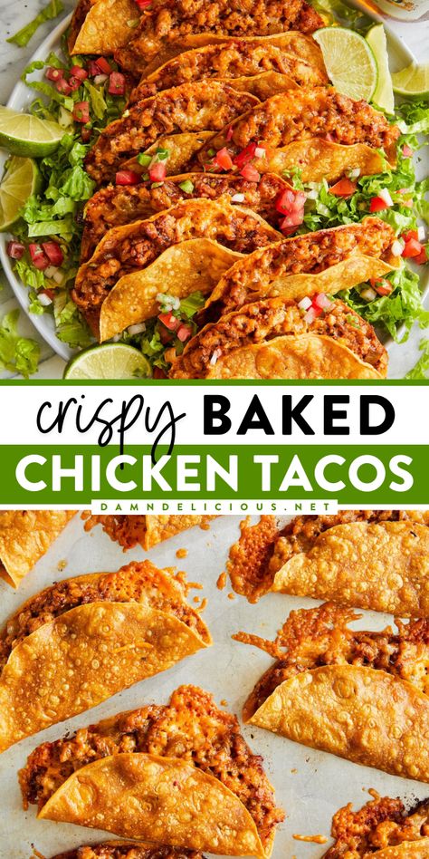 Try this simple game day recipe for oven baked tacos! They're such a family-friendly dinner. Crispy and crunchy with lots of cheesy goodness, these are the BEST chicken tacos! Pin this for later! Cheesy Chicken Tacos, Best Chicken Tacos, Mashed Potato Cake Recipe, Chicken Tacos Recipe Easy, Oven Baked Tacos, Baked Tacos, Chicken Tacos Recipe, Baked Chicken Tacos, Crispy Tacos