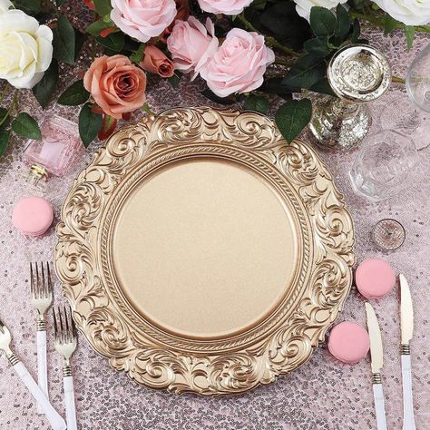 https://www.efavormart.com/collections/new-arrivals/products/set-of-6-14-round-metallic-gold-plastic-charger-plates-with-engraved-baroque-design-rim?variant=31911883374638 Plastic Kitchenware, Disposable Serving Trays, Silver Charger Plates, Charger Plates Wedding, Wedding Dinnerware, Silver Chargers, Gold Charger Plate, Gold Chargers, Rainbow Wedding