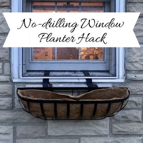 No drill window box planter hack for brick or masonry. Outdoor Planters Front Door, Indoor Window Planter, Diy Window Box Planter, Vinyl Hanging, Window Planter Box, Hanging Window Boxes, Window Box Brackets, Wood Window Boxes, Window Baskets