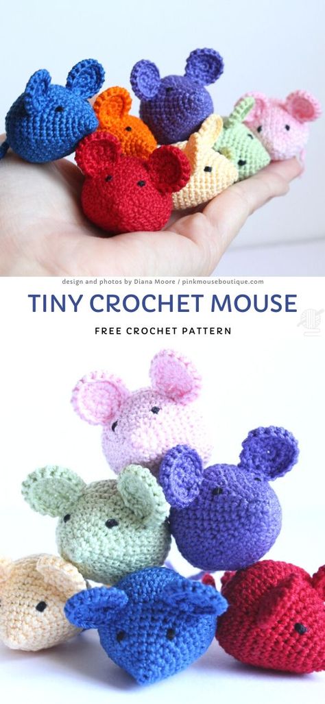 Sweet Little Mice Amigurumi. How cute are those mice? They are so simple and fast to make. Above all, you can make a bunch of them in no time and with so little yarn, it's just incredible! Make them in all the colors of the rainbow and use any leftover yarn that you have.    #freecrochetpatternn #mouse #amigurumi Kat Haken, Mouse Crochet, Crochet Cat Toys, Tiny Crochet, Crochet Toys Free, Crochet Cat Pattern, Crochet Keychain Pattern, Crochet Mouse, Pola Amigurumi