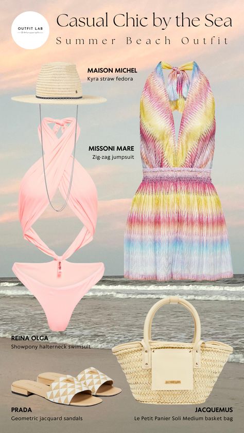 Dive into summer with Reina Olga's swimsuit. Slip into the elegance of Missoni Mare's jumpsuit, effortlessly capturing the essence of coastal charm. Complete the look with Jacquemus' bag and Prada's sandals, making a stylish statement on the shoreline! #SummerSwimWear #BathingSuitAesthetic #BeachStyleFashion #BeachWearForWomen #SwimwearStyle #SummerOutfirsBeachSwimWear Swimsuit Outfit, Beach Wardrobe, Halter Neck Swimsuit, Jacquemus Bag, Social Media Marketing Instagram, Marketing Instagram, Sea Summer, Swimsuits Outfits, Summer Beach Outfit