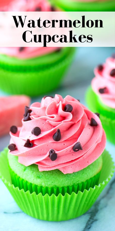 bright green cupcakes with light pink frosting topped with mini chocolate chips to look like watermelon cupcakes Cupcakes With Buttercream Frosting, Watermelon Cupcakes, Cupcakes With Buttercream, Delicious Cupcakes Recipes, Summer Cupcakes, Green Cupcakes, Kid Cupcakes, Cupcake Cake Designs, Torte Cupcake