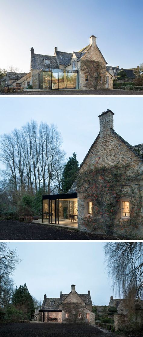 14 Examples Of British Houses With Contemporary Extensions // A traditional stone house got a contemporary extension built from glass windows and black steel that created a modern dining area still connected to the rest of the stone home. Architecture Extension, British Houses, British Homes, Glass Extension, British Home, Modern Extension, Old Stone, House Extensions, Patio Stones