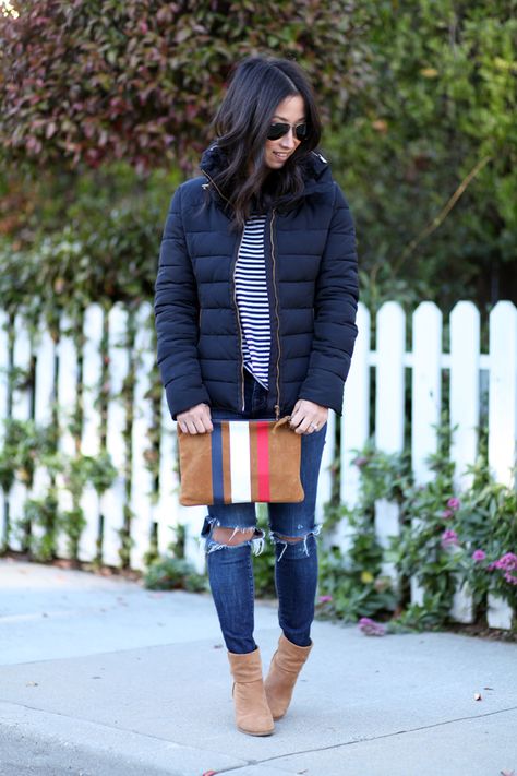 Vince Camuto Hadley Booties Navy Puffer Jacket Outfit, Navy Blue Jacket Outfit, Blue Puffer Jacket Outfit, Navy Jacket Outfit, Cargo Jacket Outfit, Boston Winter, Puffer Outfit, Crystalin Marie, Winter Jacket Outfits