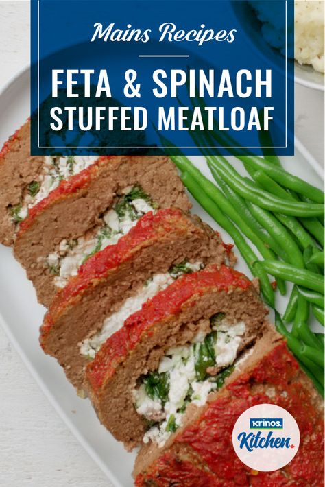 Feta Stuffed Meatloaf, Meatloaf With Spinach And Cheese, Spinach Stuffed Meatloaf, Feta Meatloaf, Mediterranean Meatloaf, Spinach Meatloaf, Veal Dishes, Pepper Puree, Meatloaf Stuffed